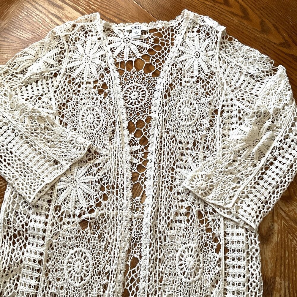 CATO CROCHET FLORAL  LACE FRINGE BOHO OPEN FRONT CARDIGAN - Picture 9 of 16